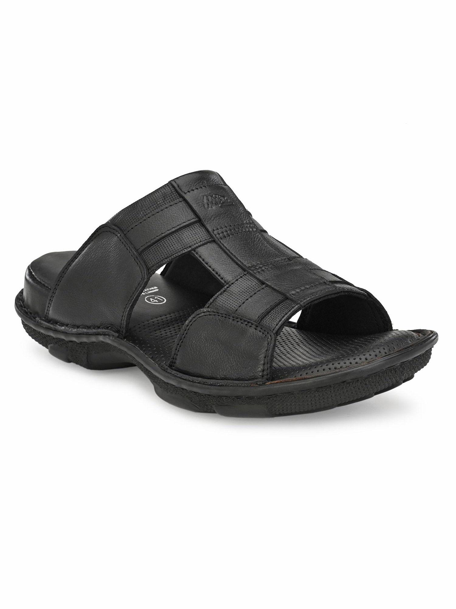 men's black leather open toe comfort slippers