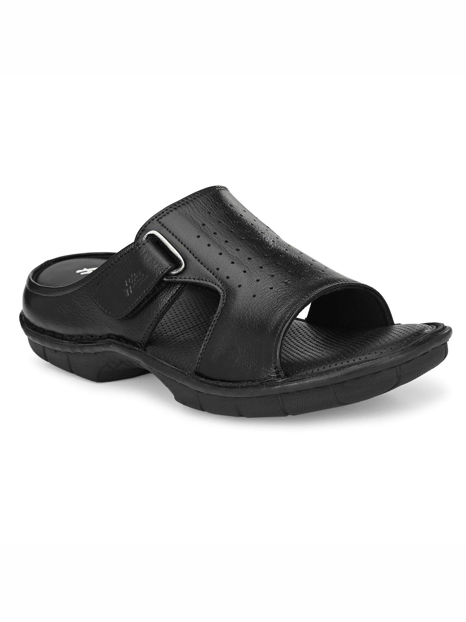 men's black leather open toe comfort slippers