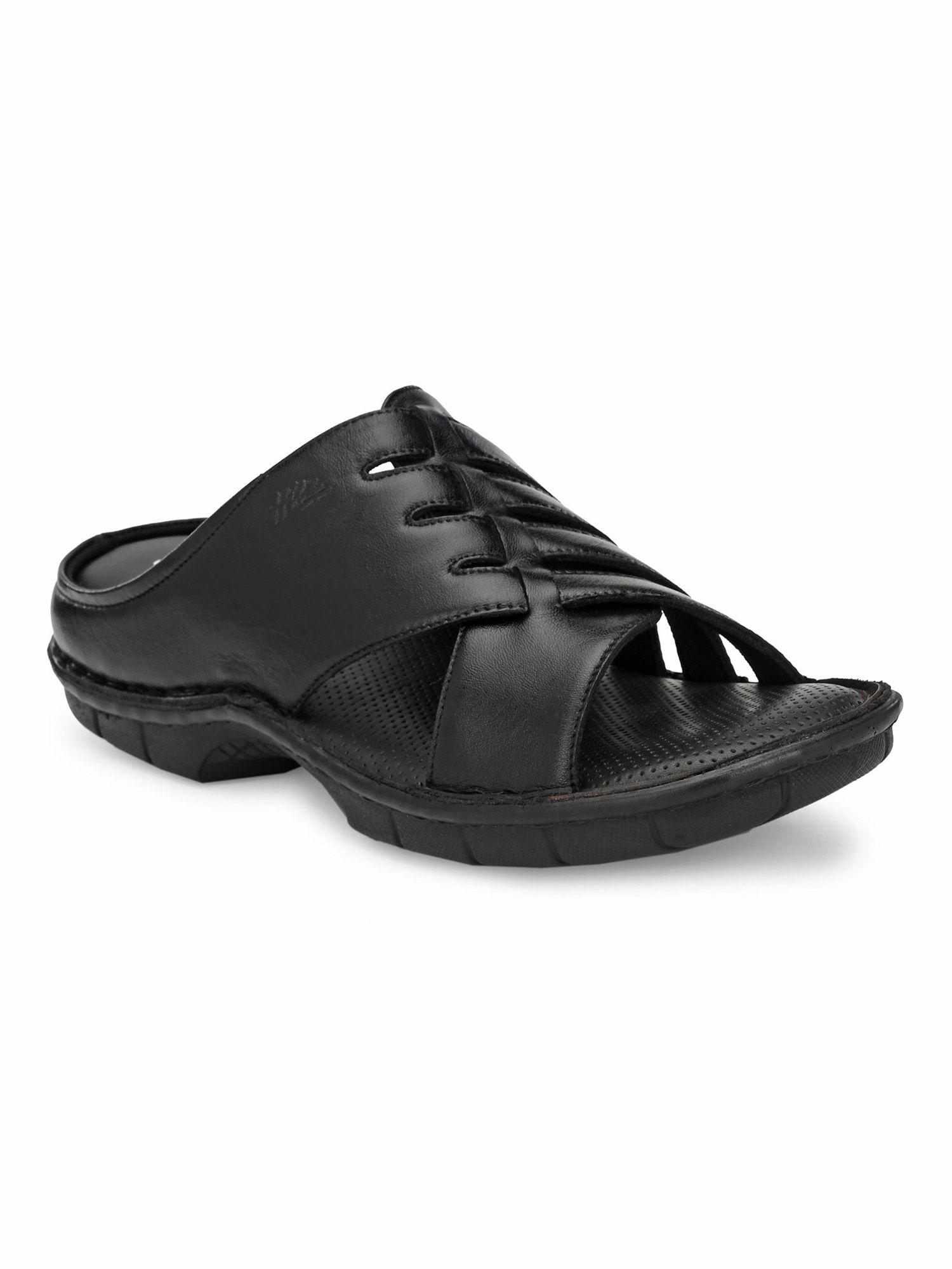 men's black leather open toe comfort slippers