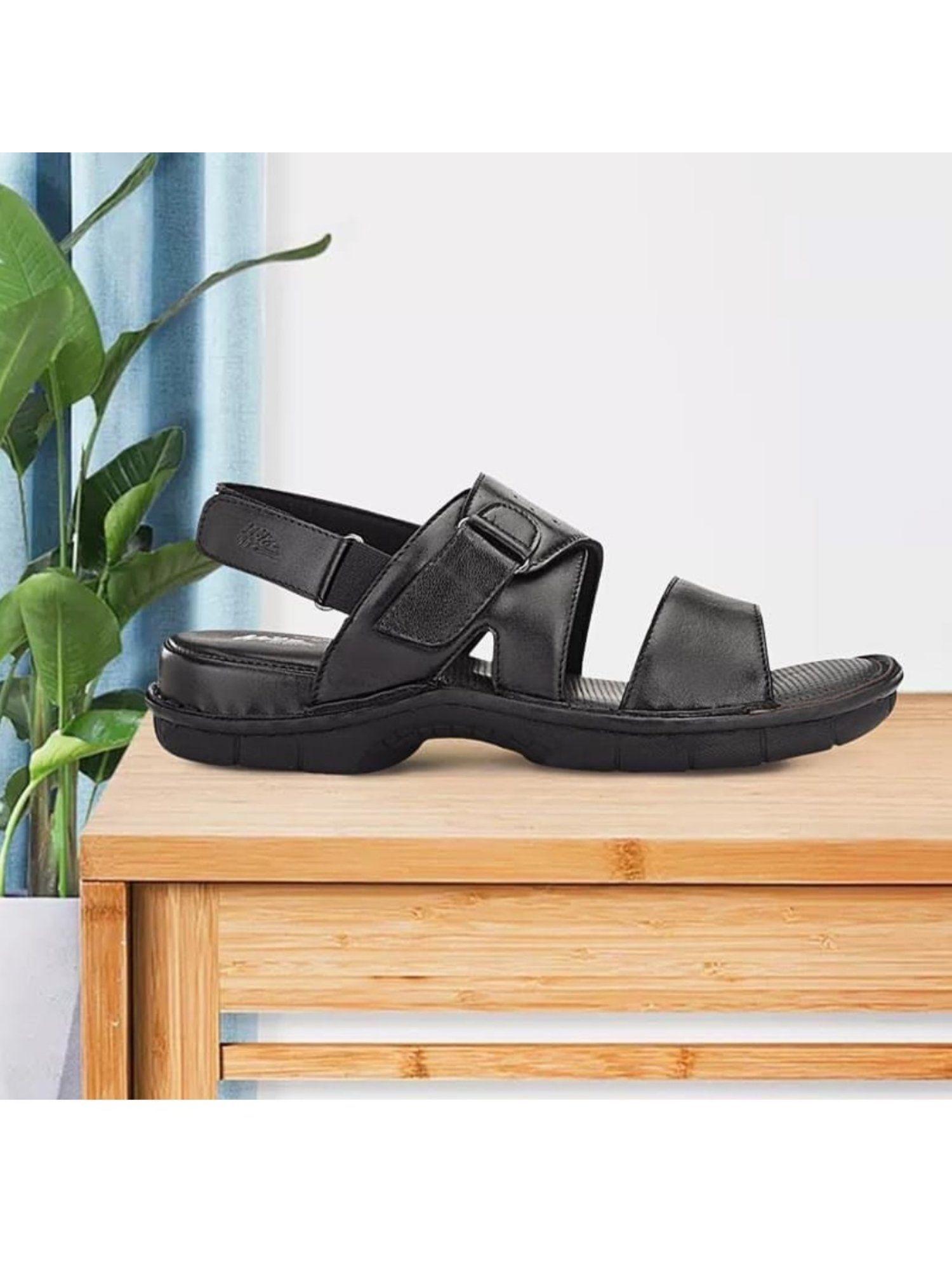 men's black leather open toe sandals with velcro closure