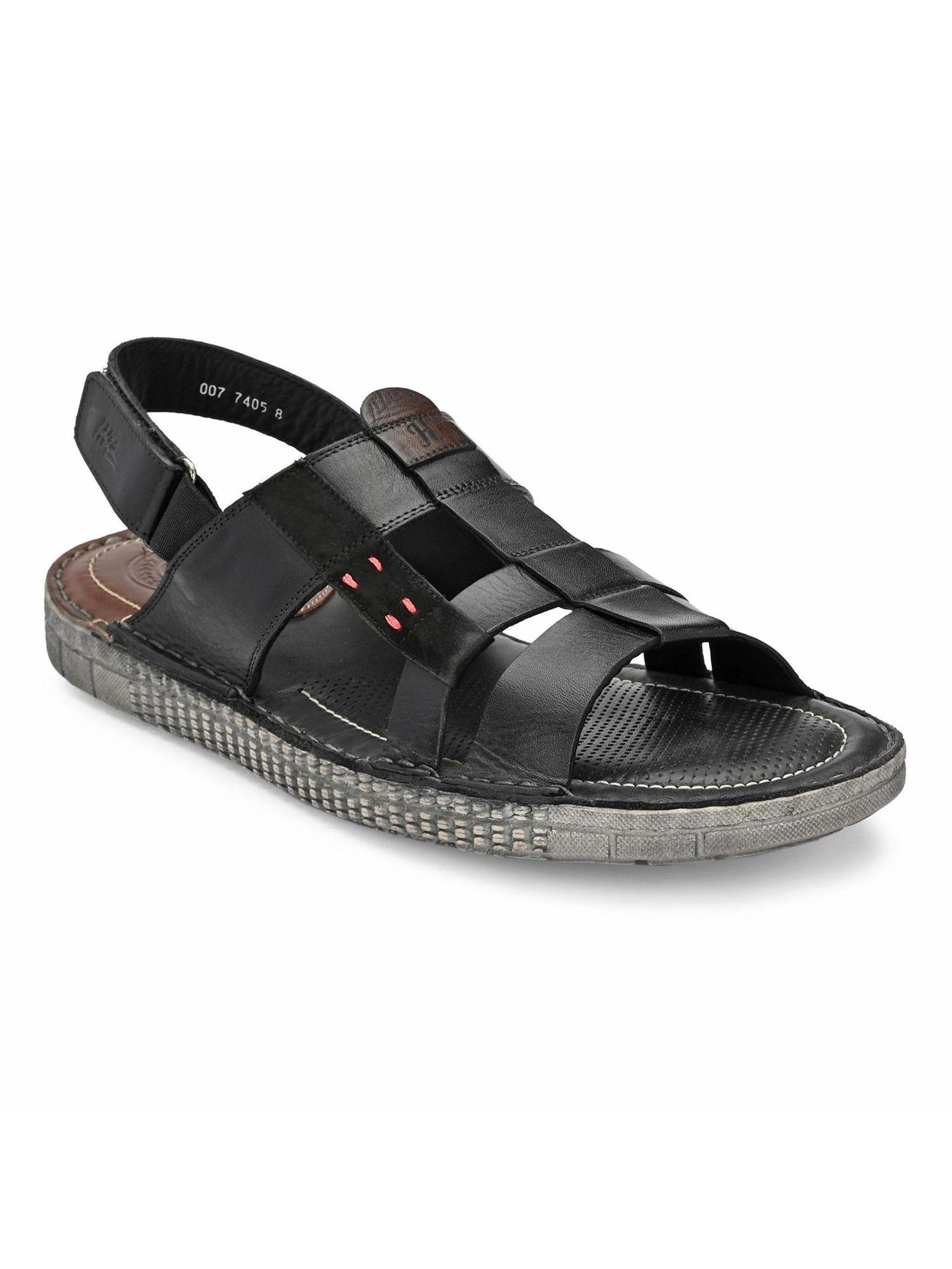 men's black leather open toe sandals with velcro closure