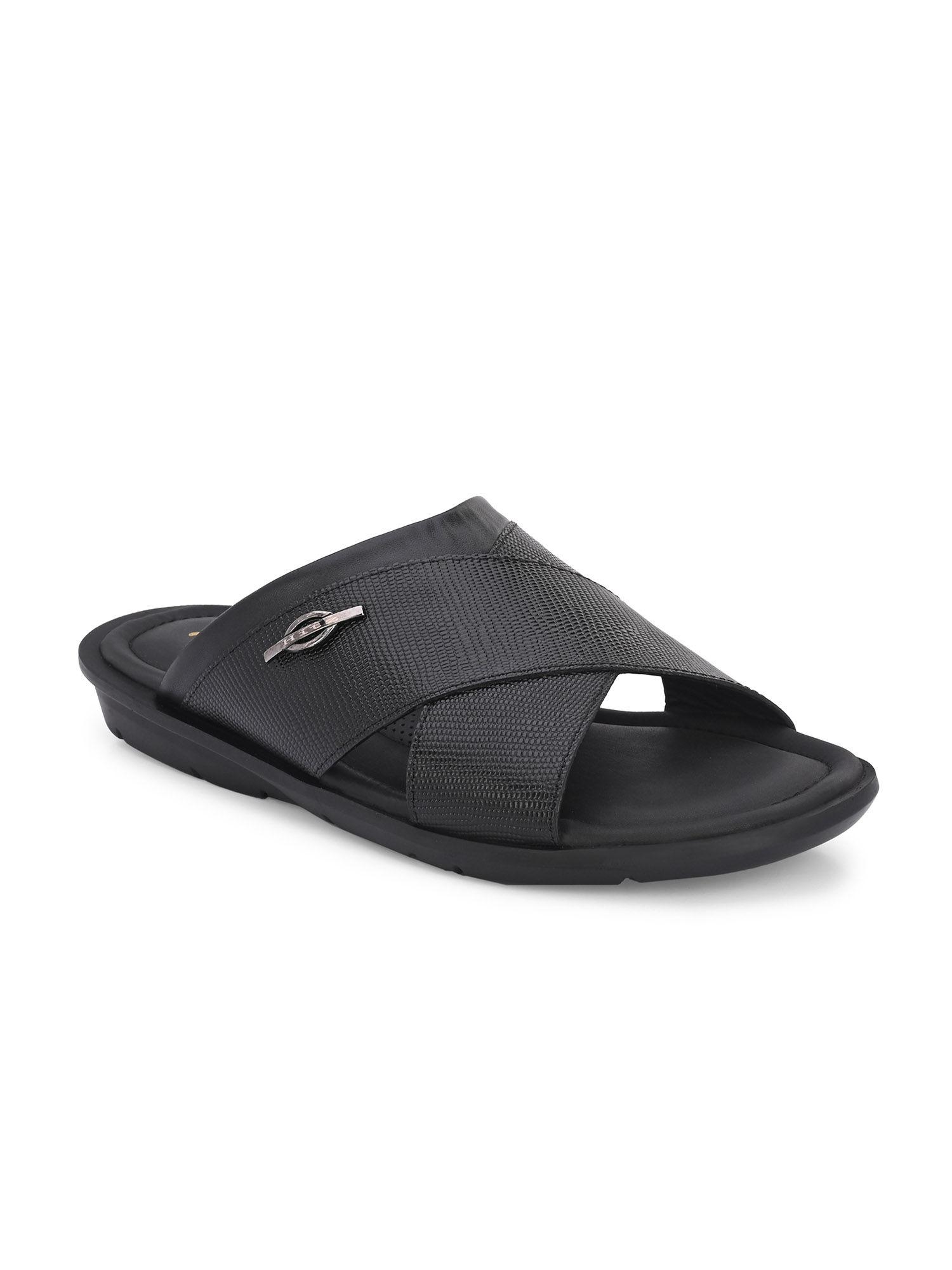 men's black leather open toe slippers