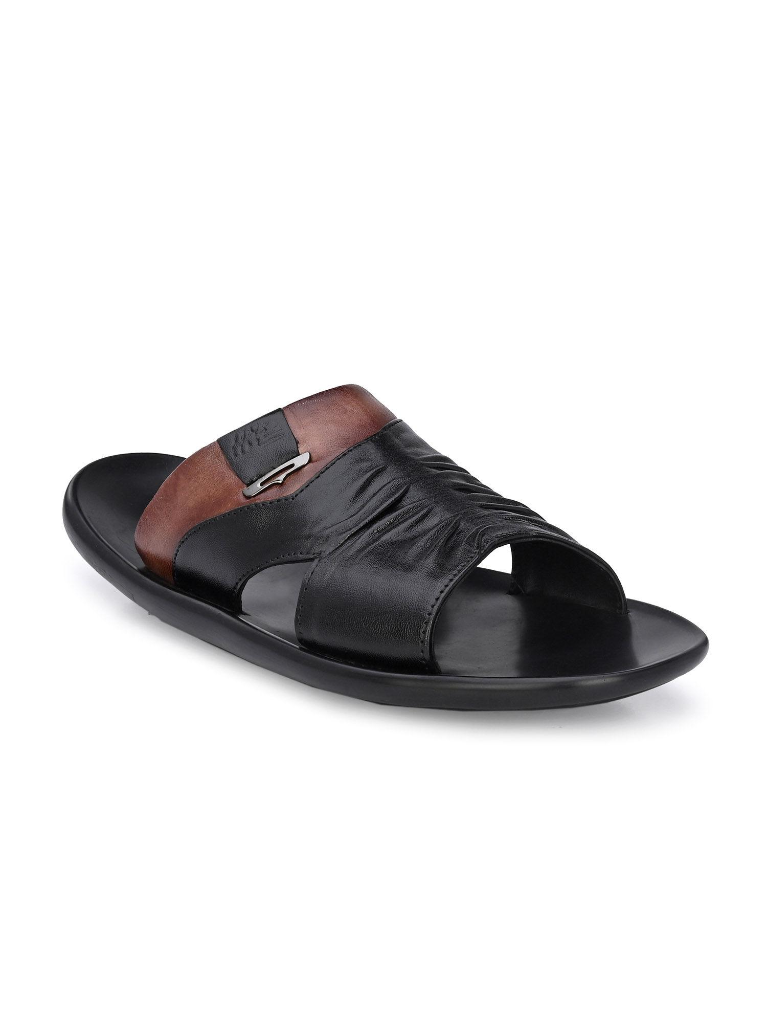 men's black leather open toe slippers
