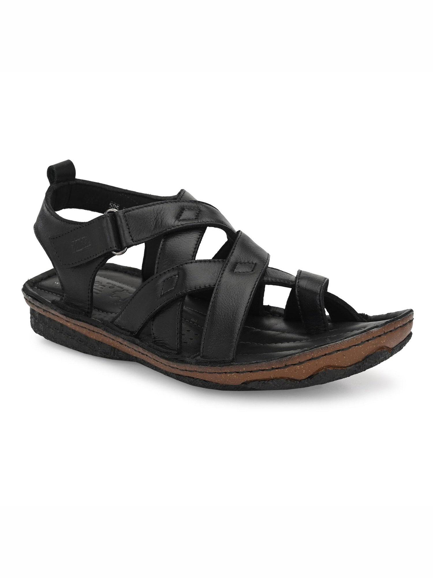 men's black leather toe ring sandals with velcro closure