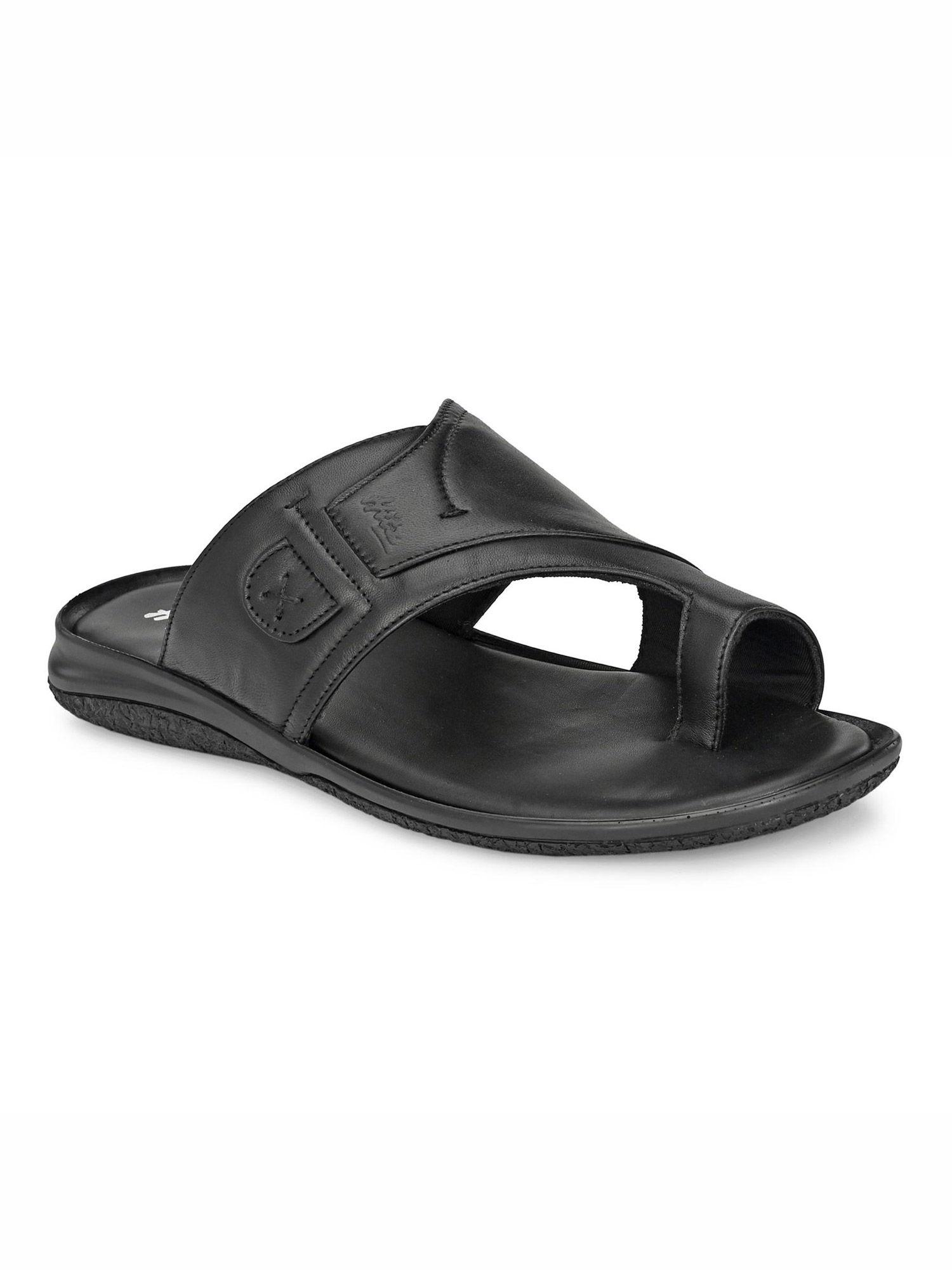 men's black leather toe ring slippers