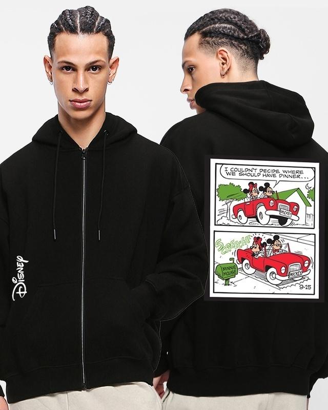 men's black mickey humor graphic printed oversized zipper hoodie