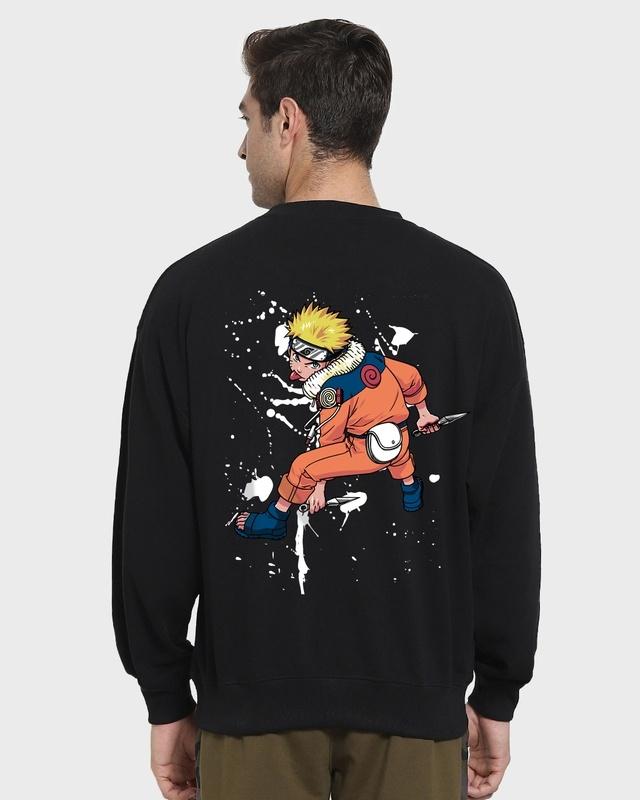 men's black naruto pose graphic printed oversized sweatshirt