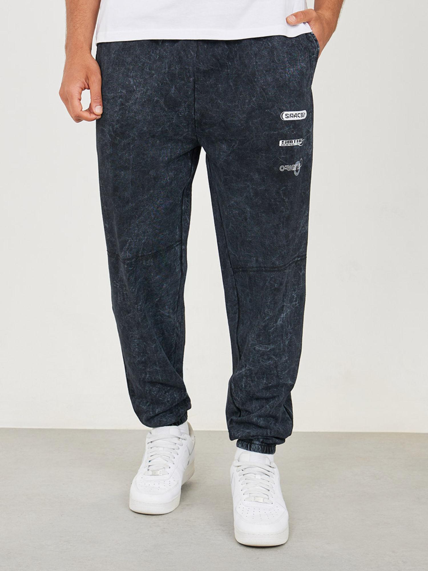 men's black pocket print & panel detail oversized cotton joggers