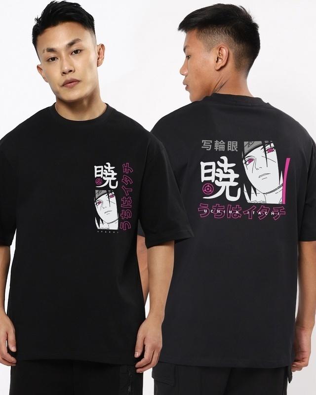 men's black pride of the uchicha itachi graphic printed oversized t-shirt