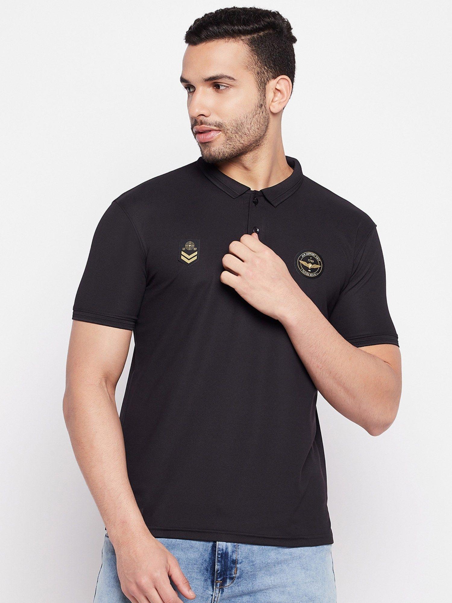 men's black printed polo neck t-shirt