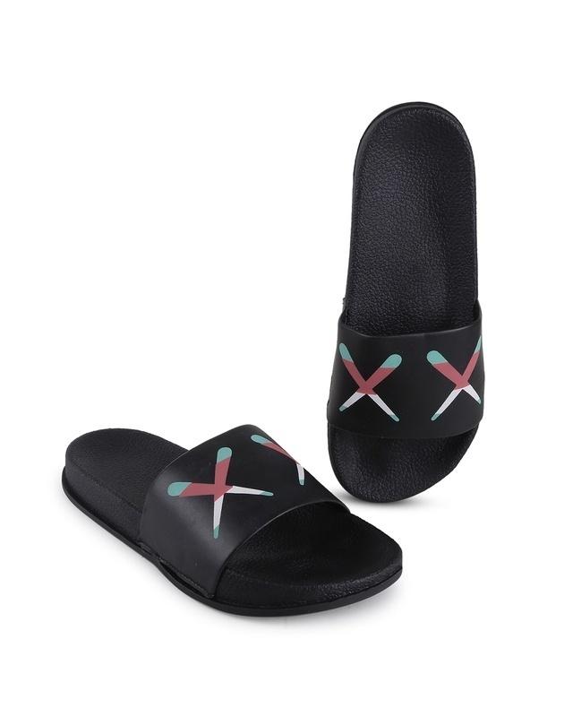 men's black printed sliders