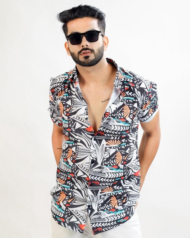 men's black printed slim fit shirt