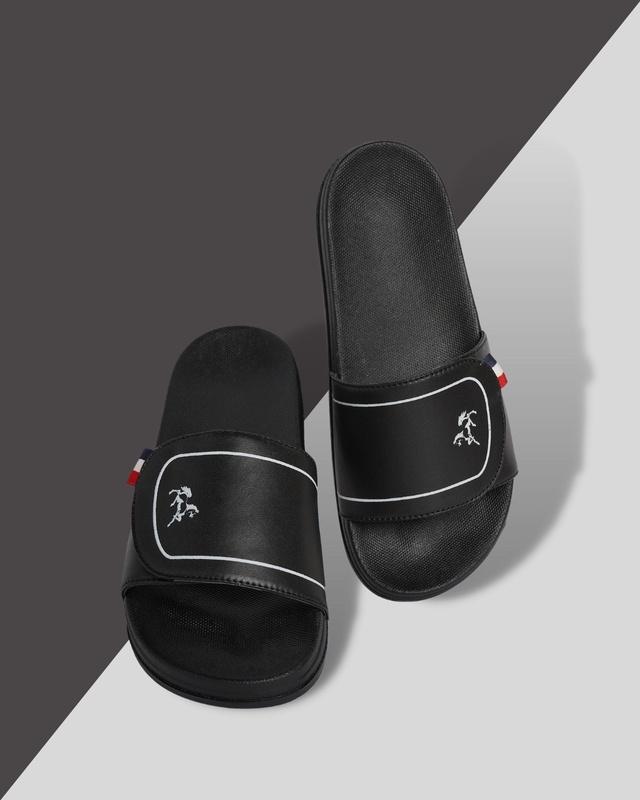 men's black printed velcro sliders