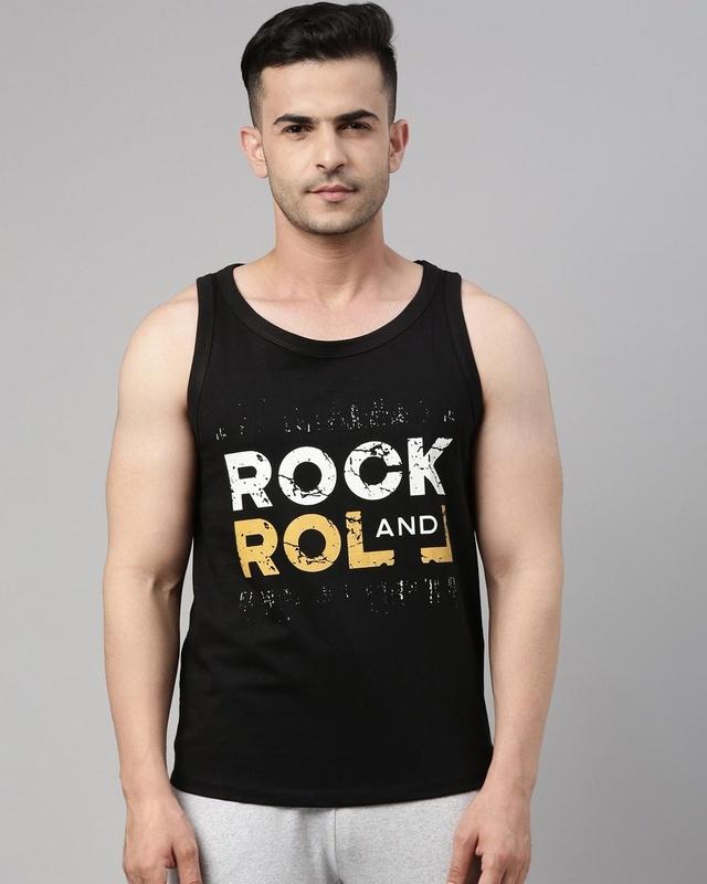 men's black rock and roll typography vest