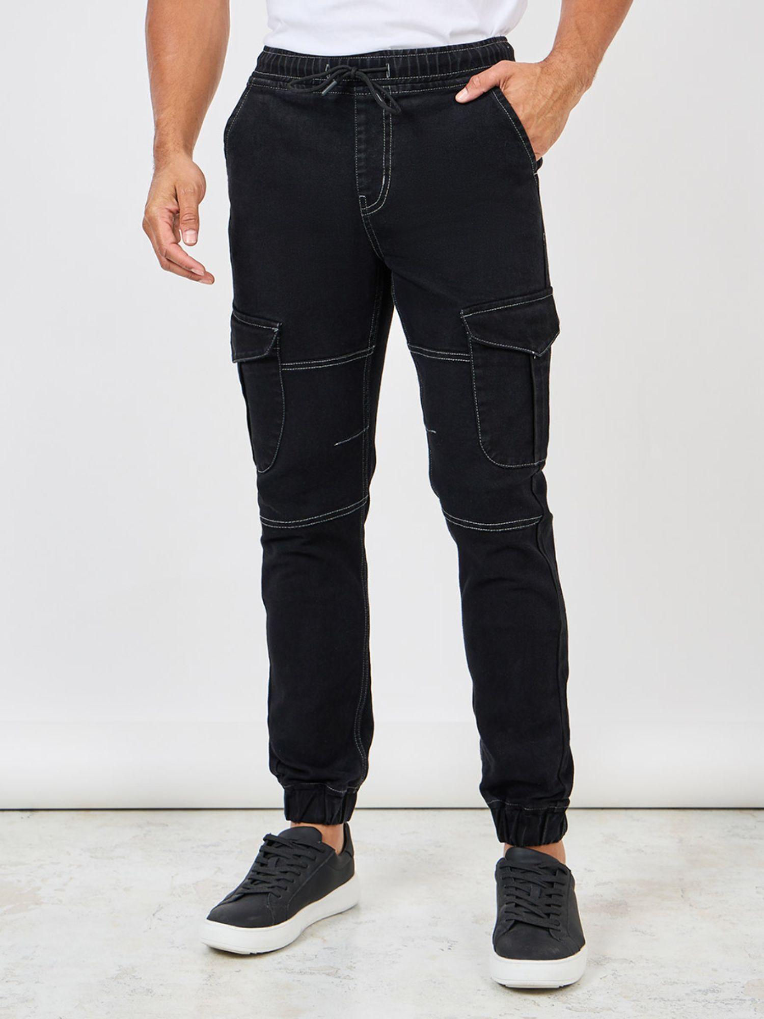 men's black slim cargo jog cotton jean in premium stretch denim