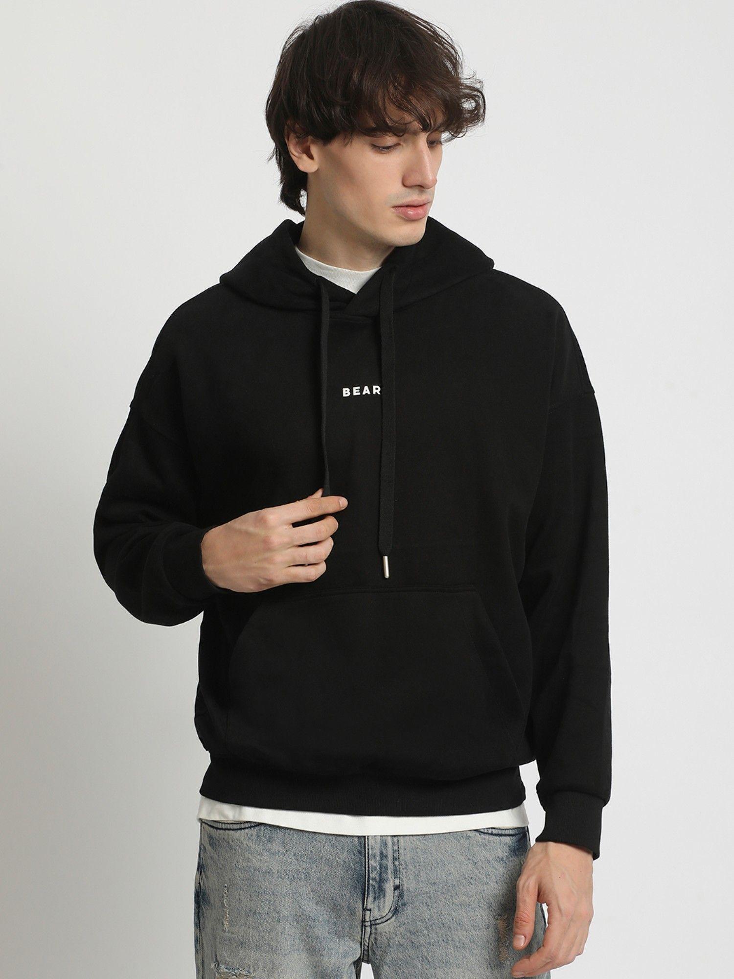 men's black solid regular fit hooded sweatshirt