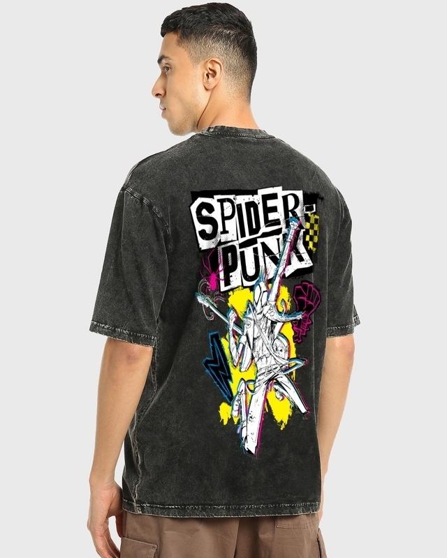 men's black spiderman punk edition graphic printed oversized acid wash t-shirt