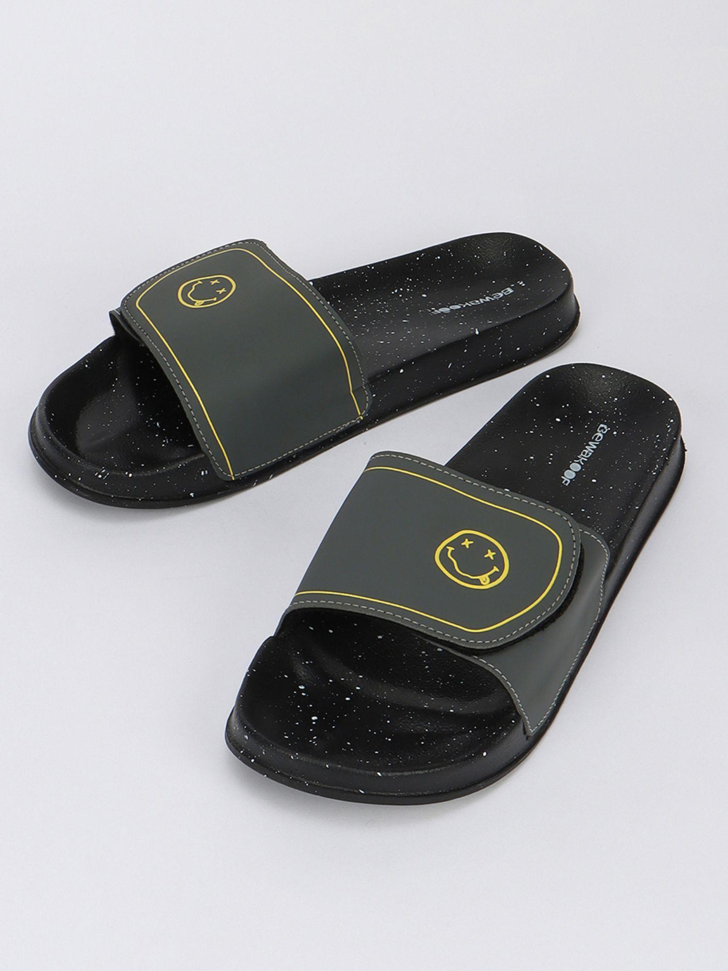 men's black trippin smilin velcro sliders