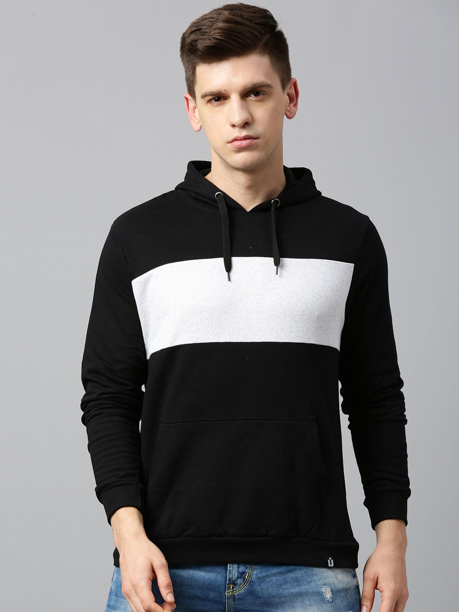 men's black white color-block slim fit cotton hooded sweatshirt