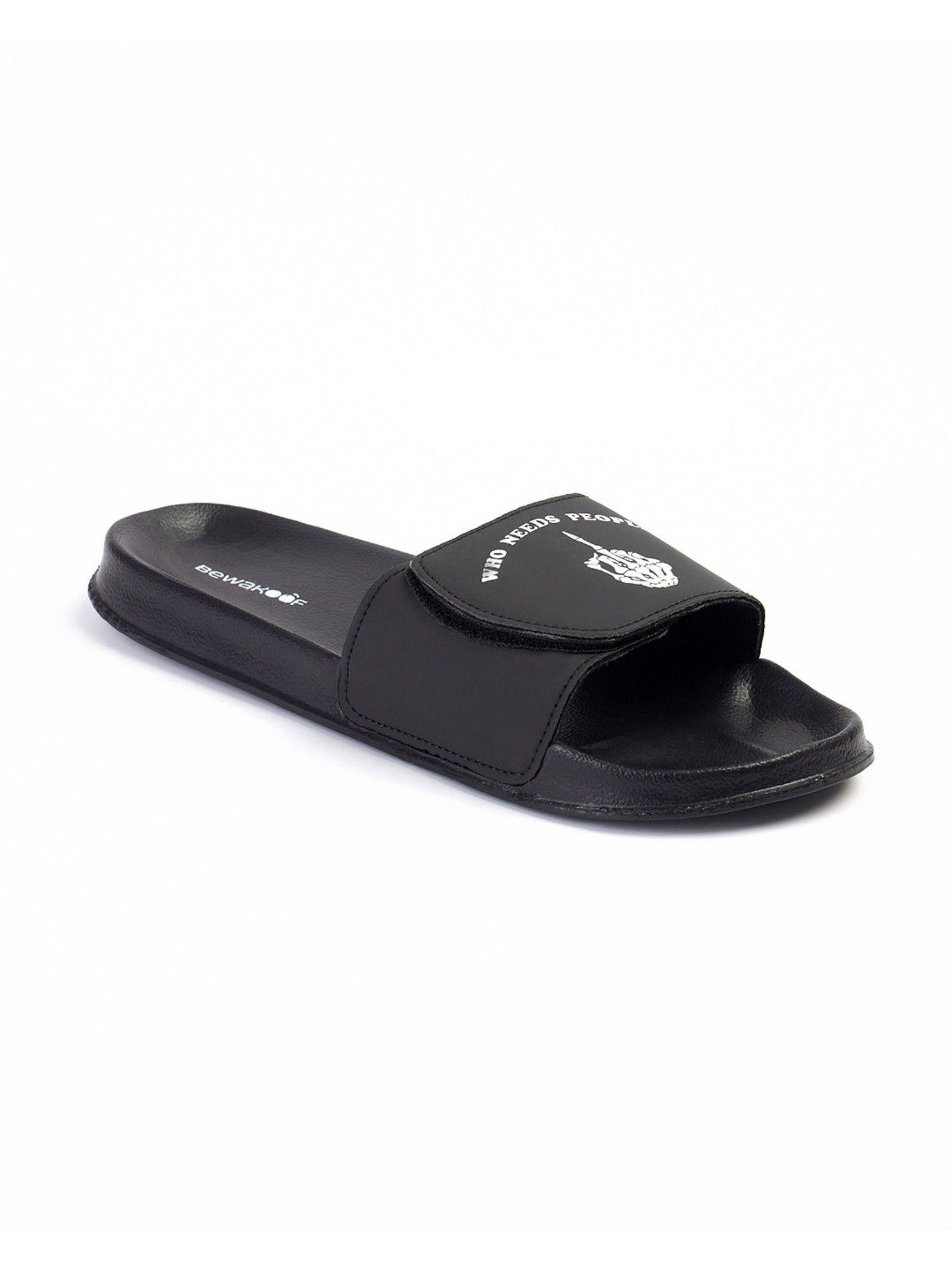 men's black who need people printed velcro sliders