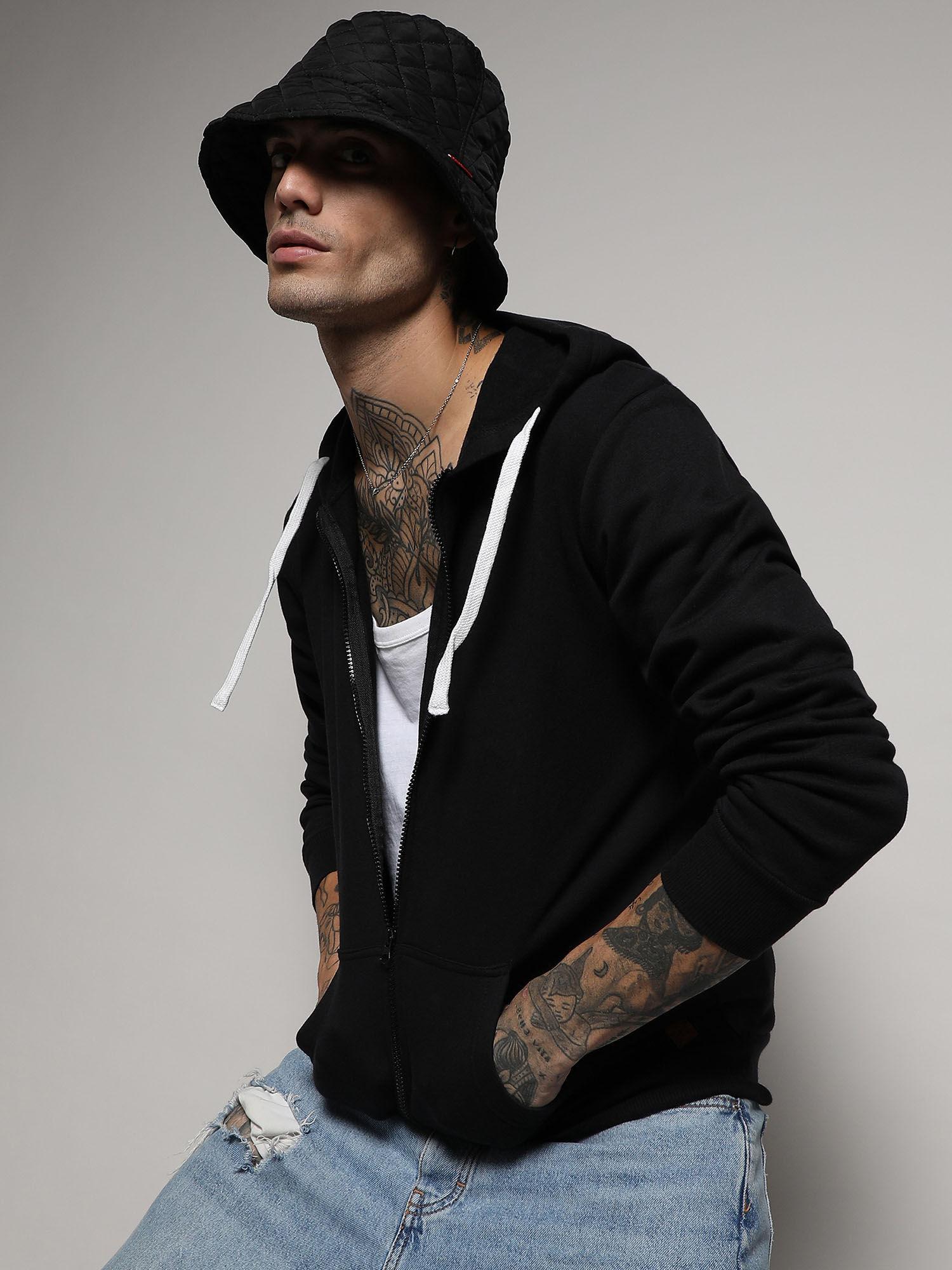 men's black zip-front hoodie with contrast drawstring