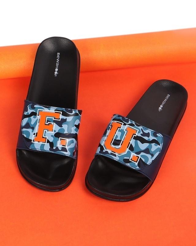 men's blue & black fu camo printed sliders