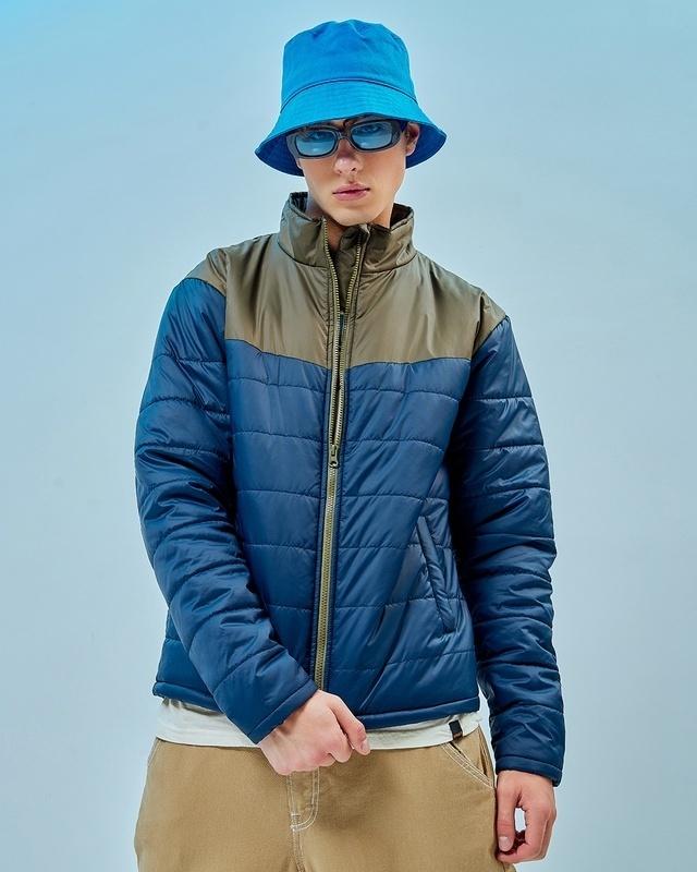 men's blue & green color block oversized puffer jacket