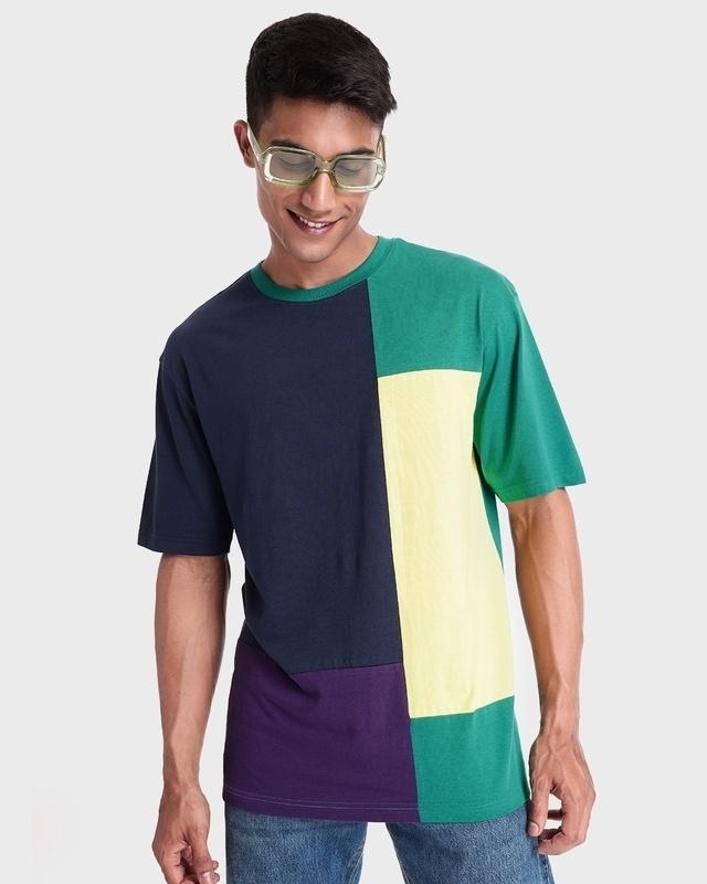 men's blue & green color block oversized t-shirt