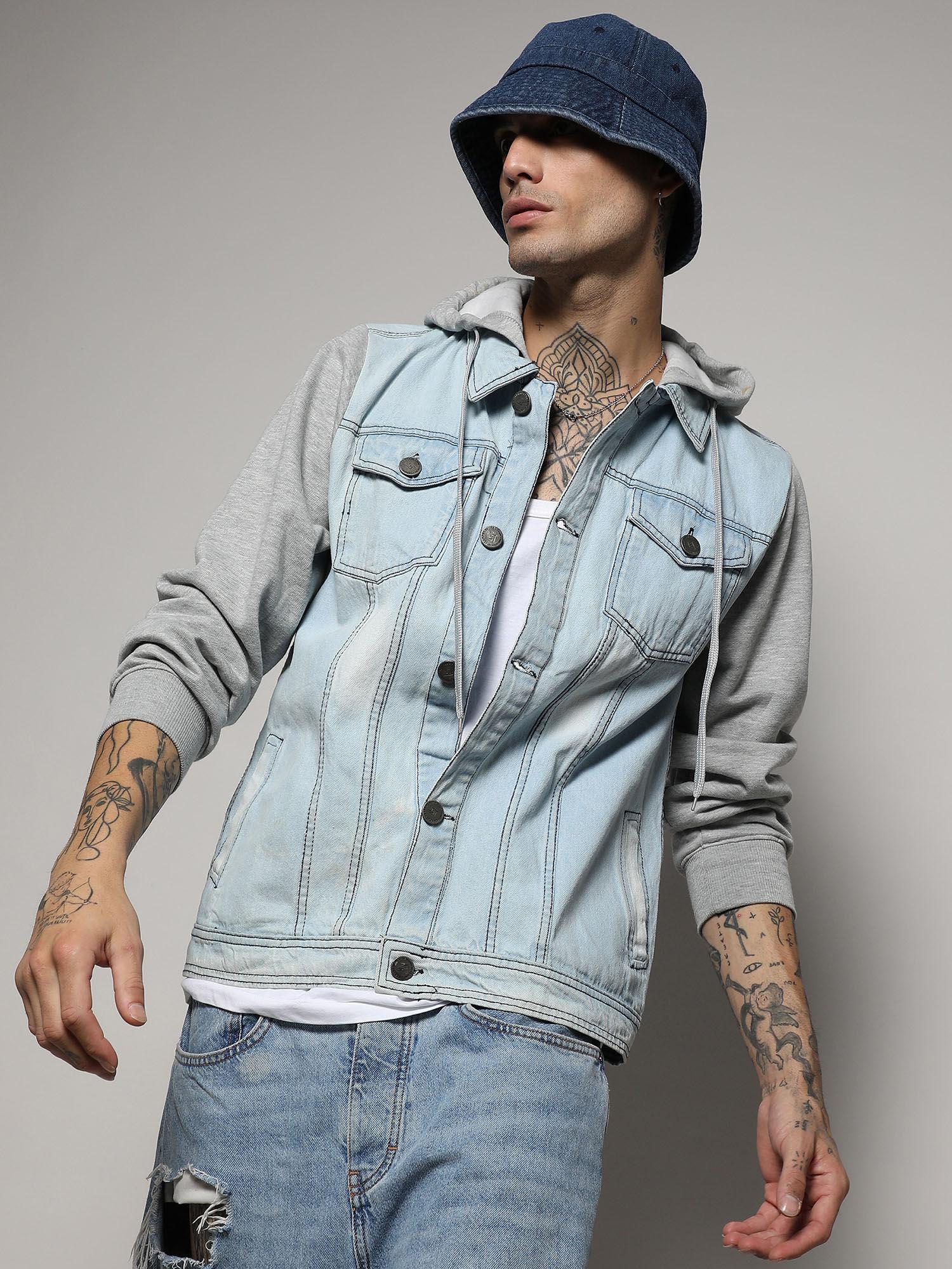 men's blue & grey light-wash denim jacket with sweatshirt sleeve