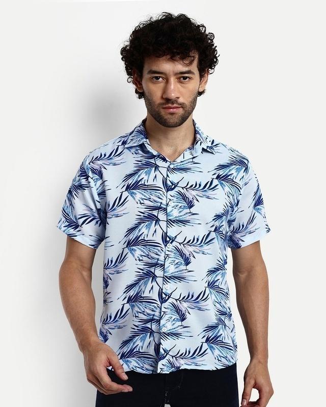 men's blue all over leaf printed shirt