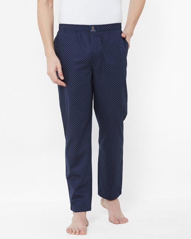 men's blue all over polka printed cotton lounge pants