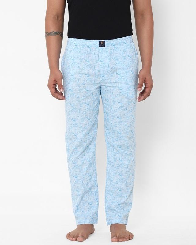 men's blue all over printed cotton lounge pants