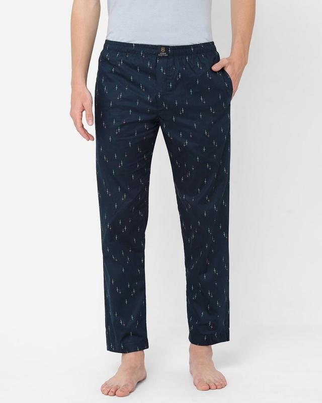 men's blue all over printed cotton lounge pants