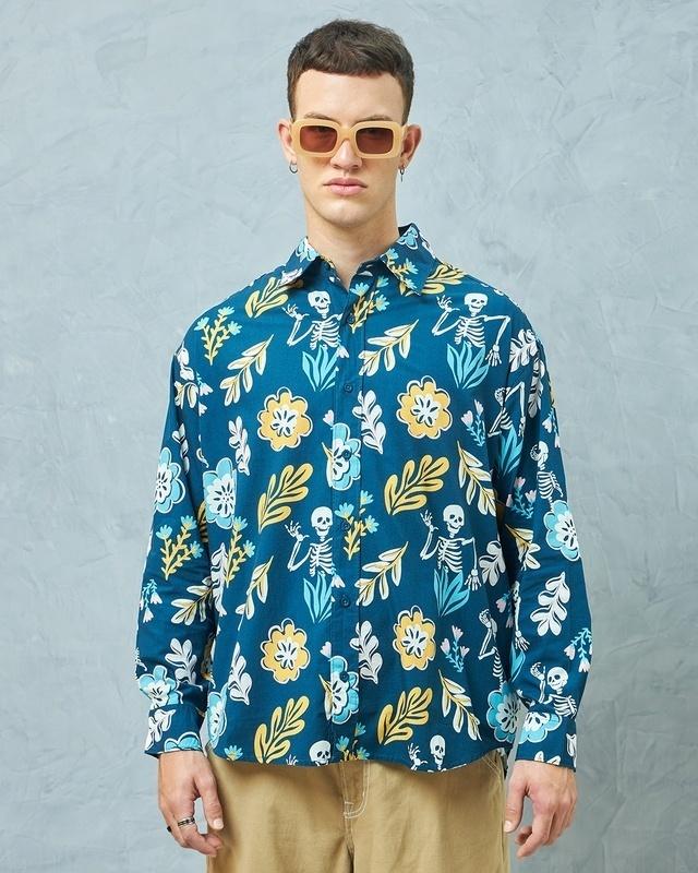 men's blue all over printed oversized shirt