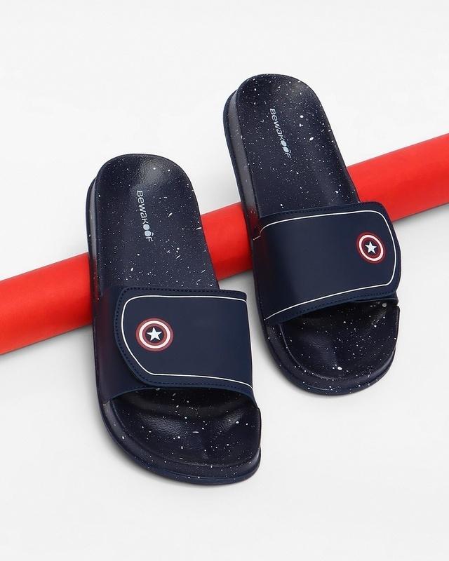 men's blue america shield velcro sliders