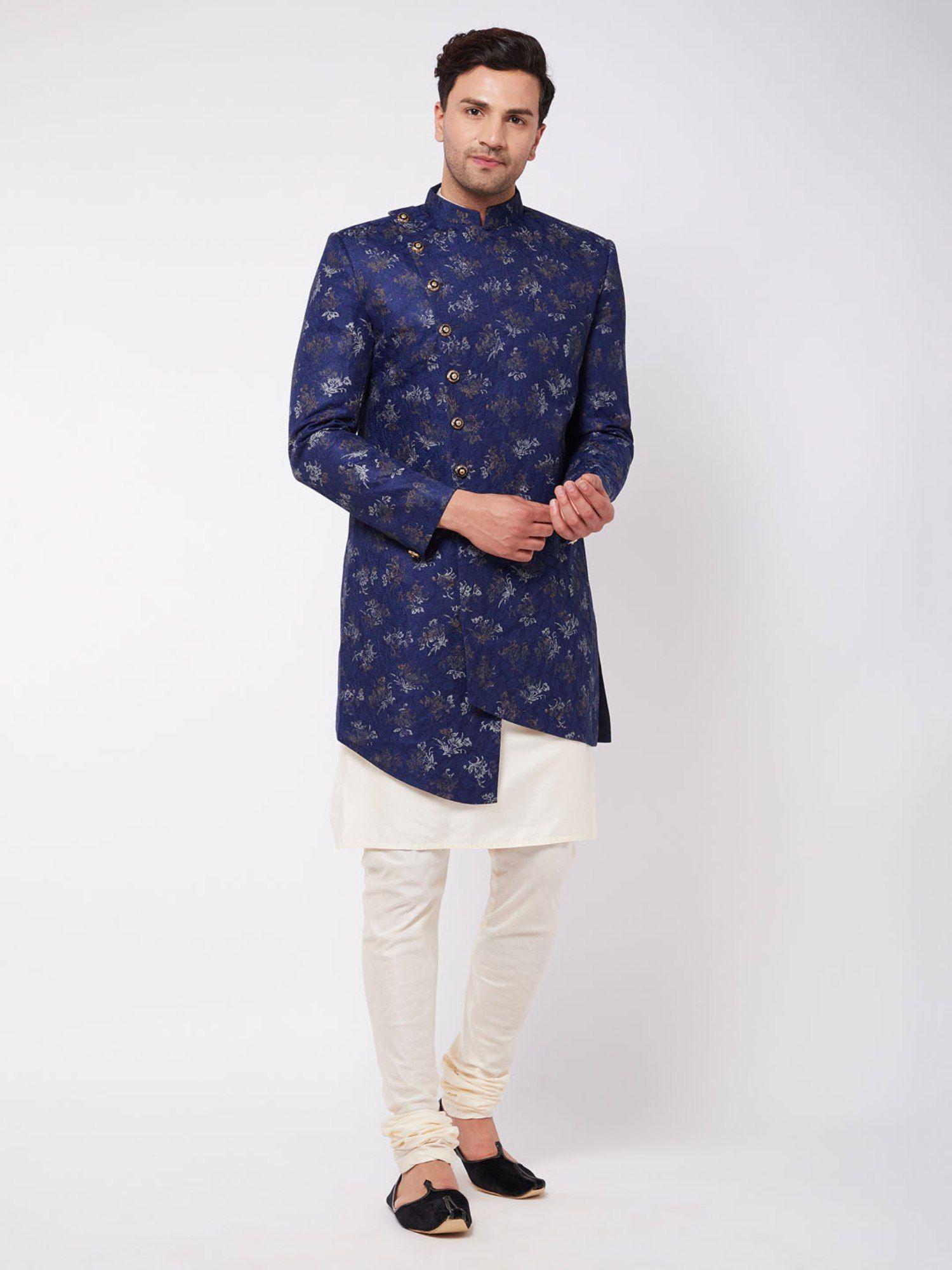 men's blue and cream polyester lurex blend sherwani set (set of 3)