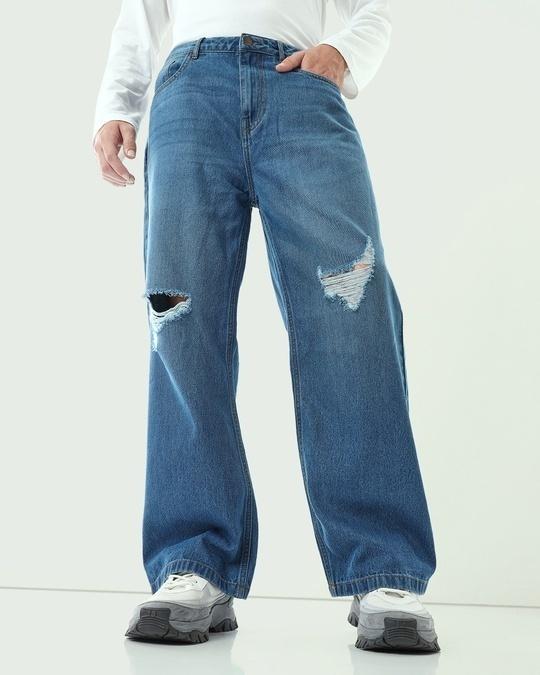 men's blue baggy straight fit distressed jeans