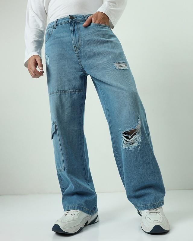 men's blue baggy straight fit distressed jeans