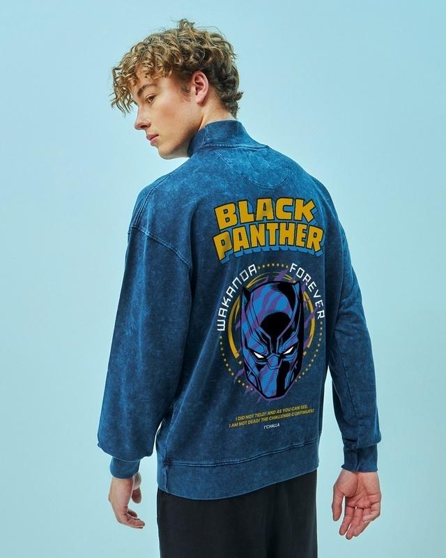 men's blue black panther graphic printed oversized acid wash sweatshirt