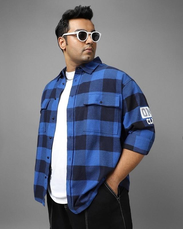 men's blue checked oversized plus size shirt