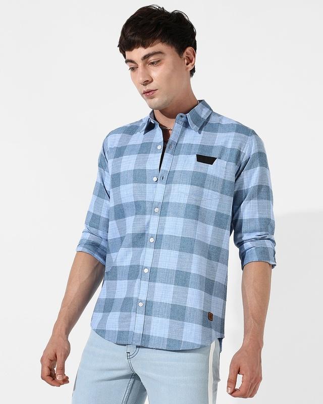 men's blue checked shirt