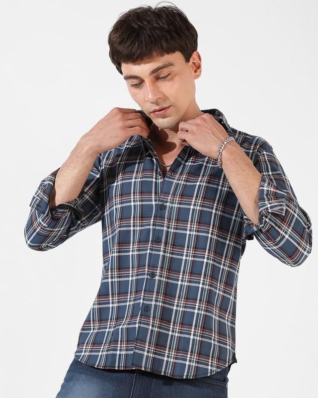 men's blue checked shirt