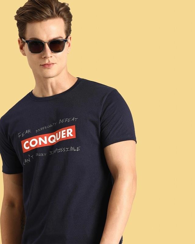 men's blue conquer strip typography t-shirt