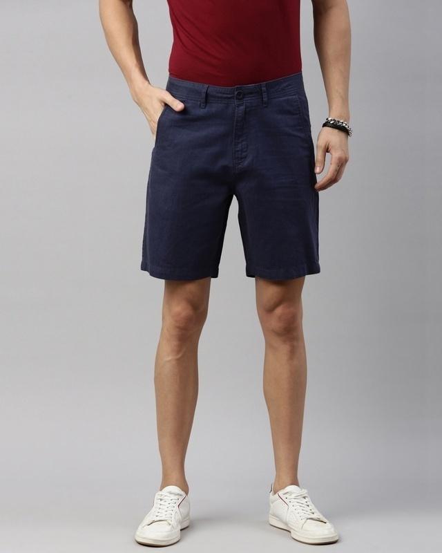 men's blue cotton linen shorts