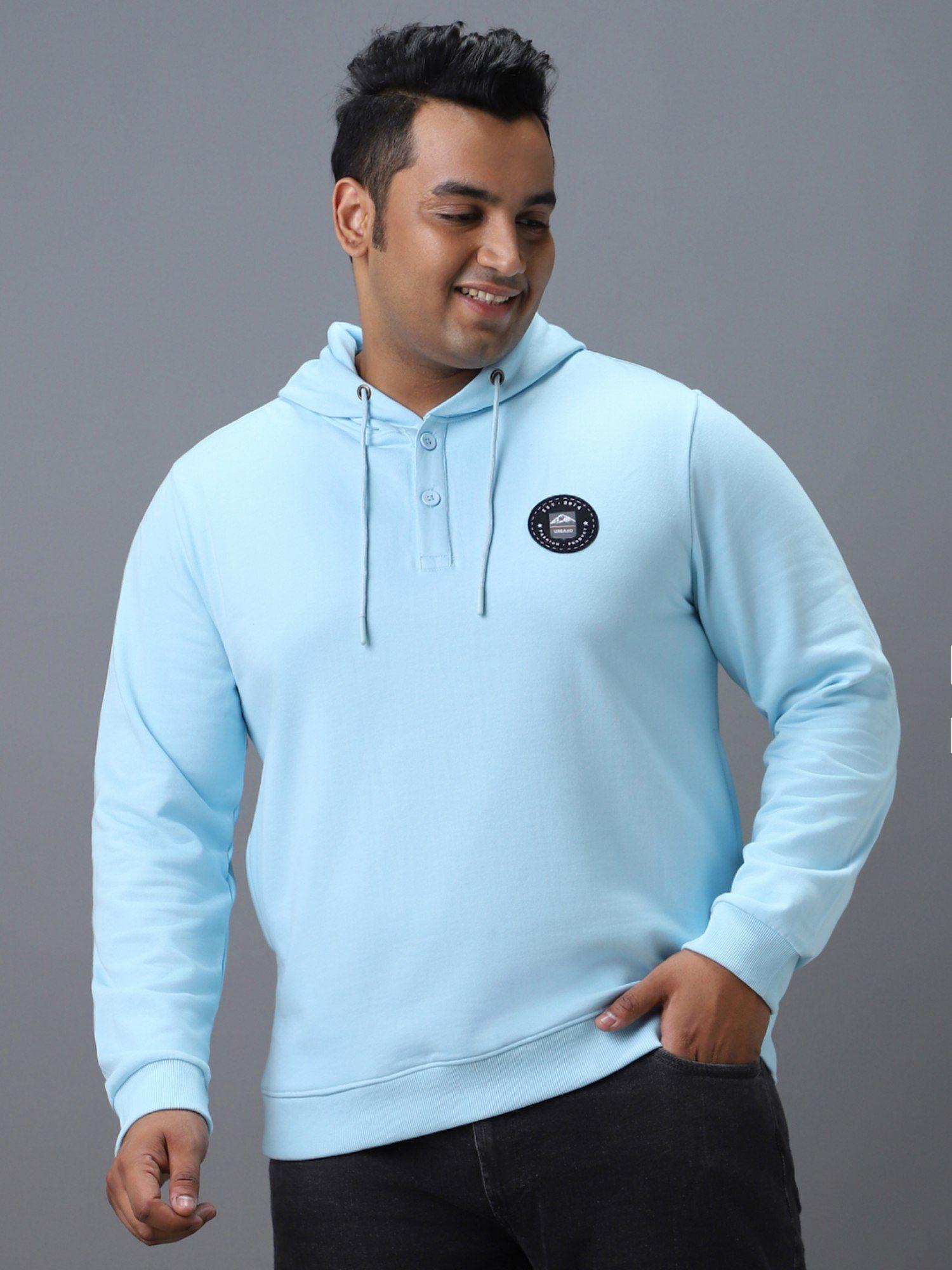 men's blue cotton solid button hooded neck sweatshirt