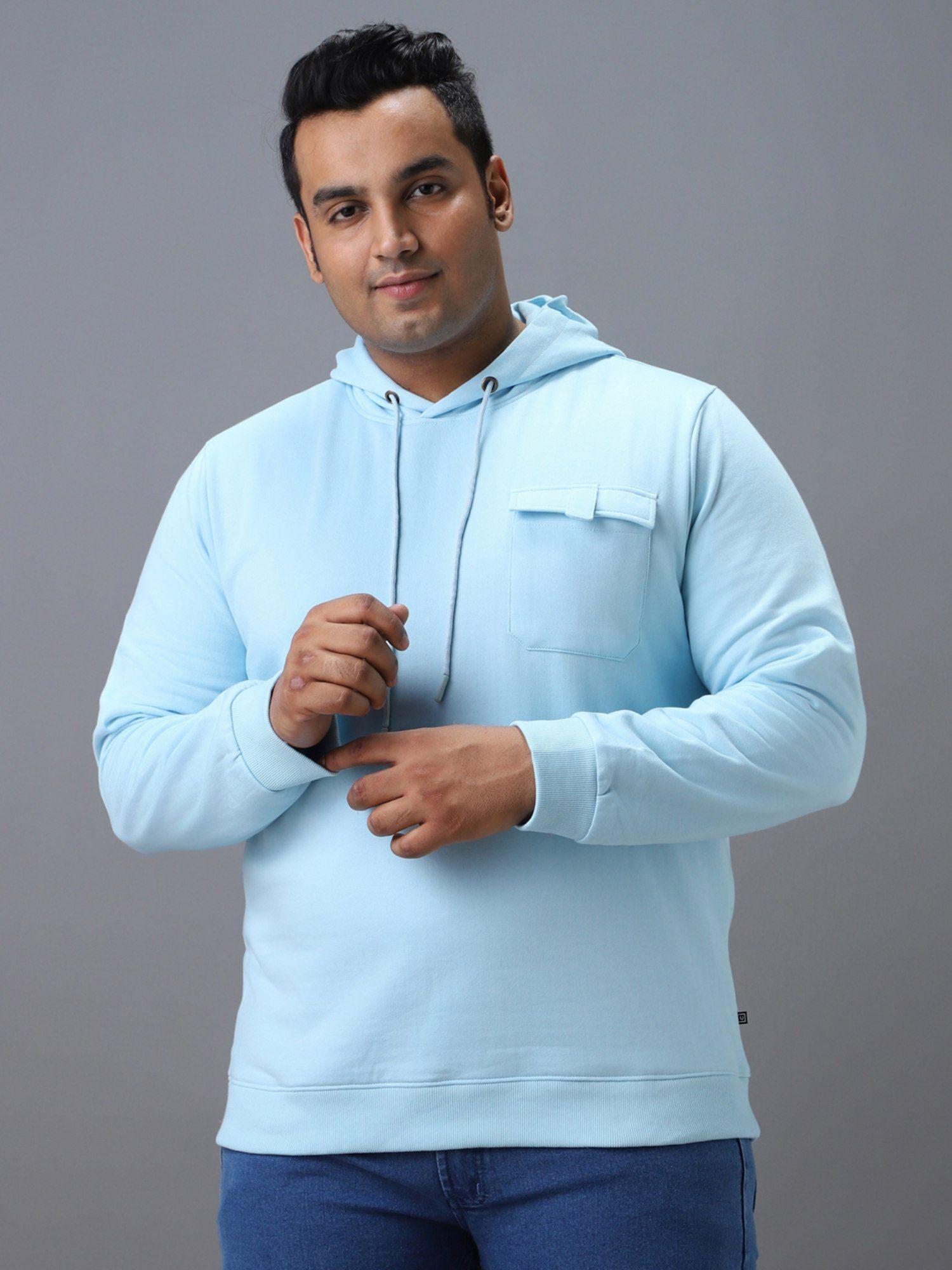 men's blue cotton solid hooded neck sweatshirt