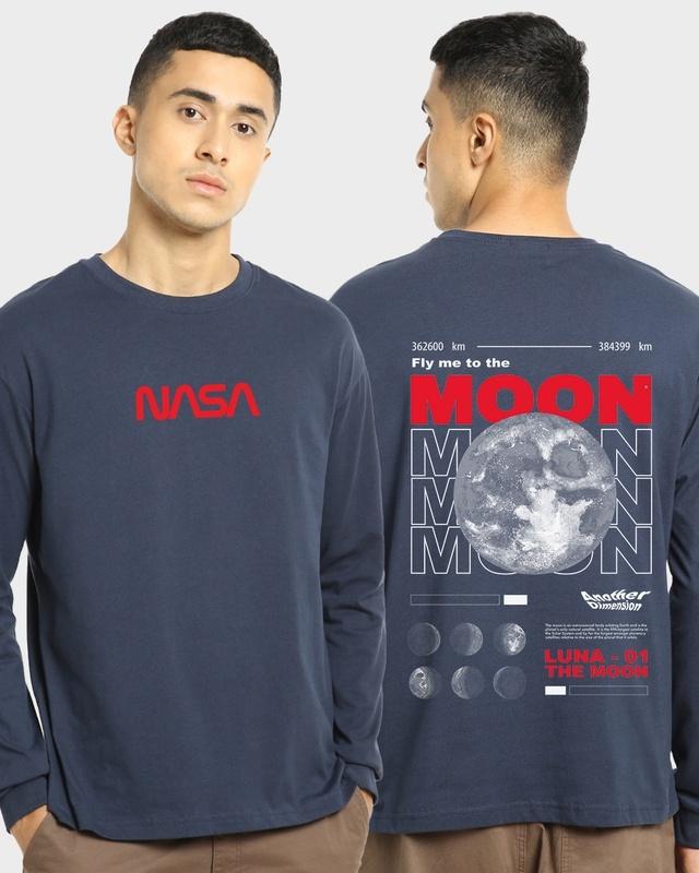 men's blue fly me to the moon typography oversized t-shirt