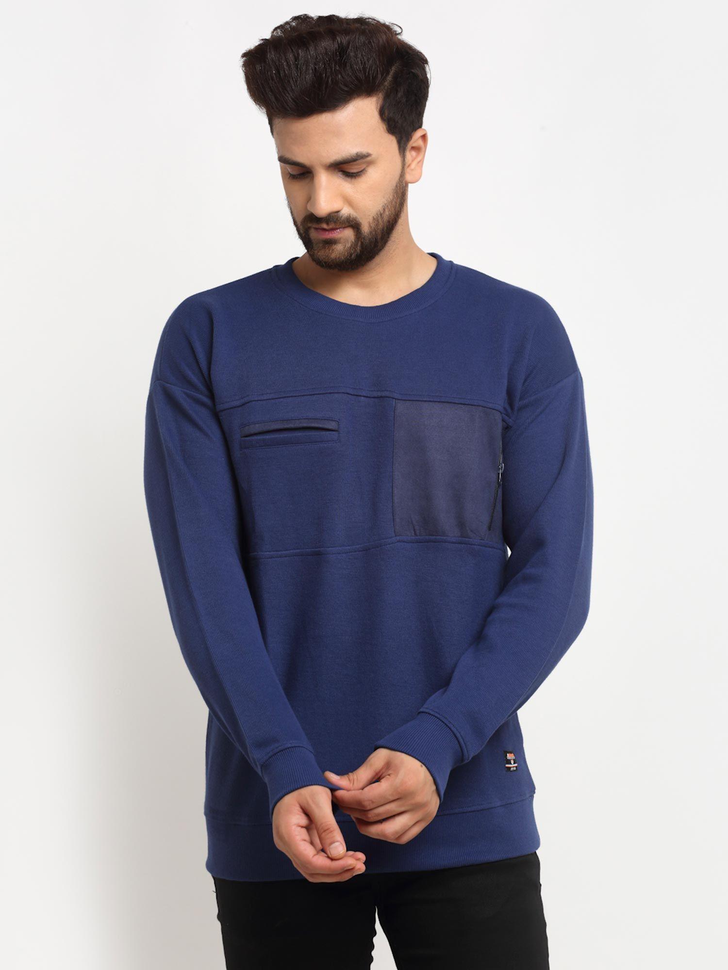 men's blue full sleeve colour blocked front pocket round neck sweatshirt