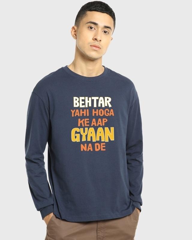 men's blue gyaan typography oversized oversized t-shirt