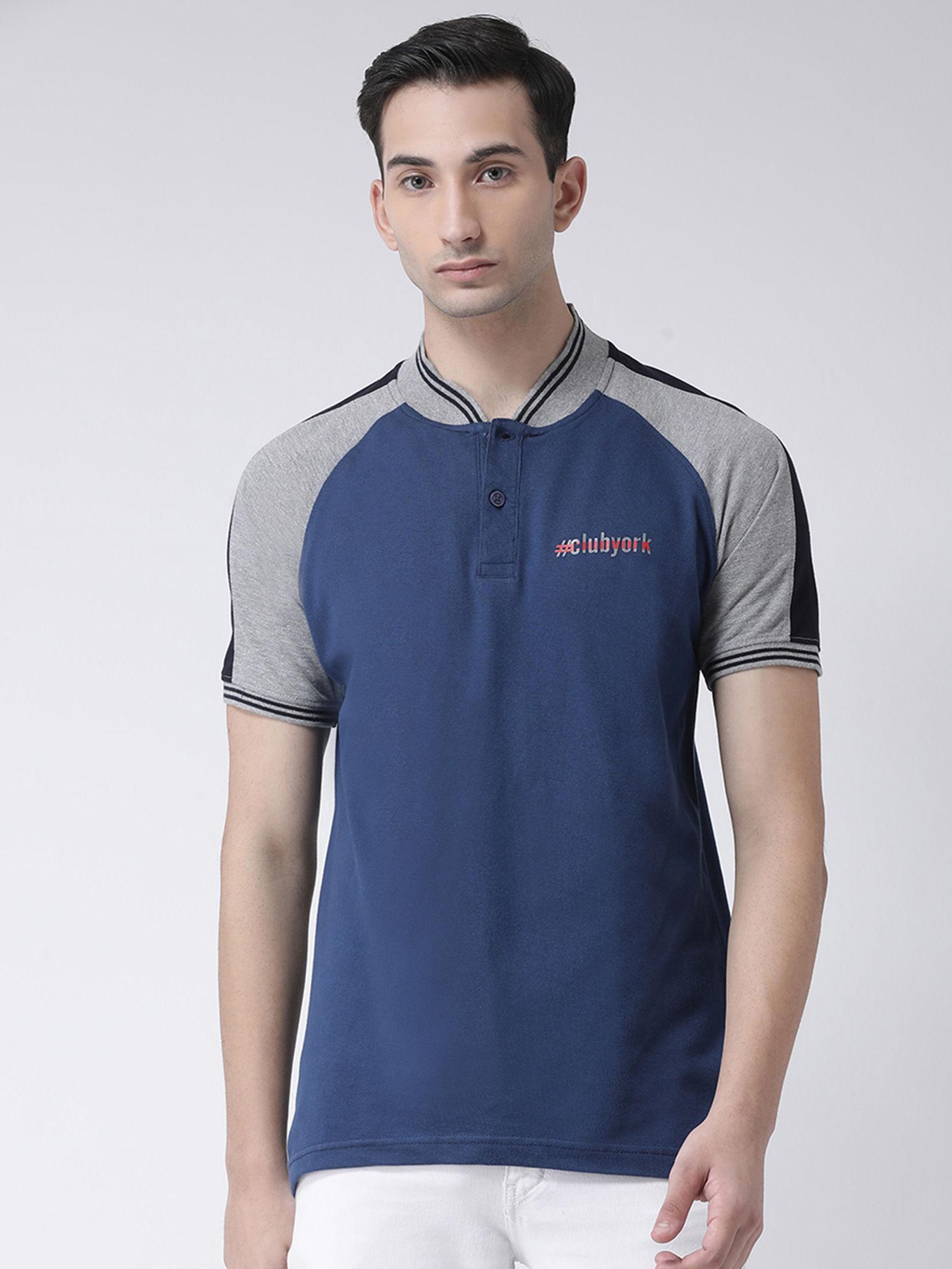 men's blue half sleeve colourblocked polo collar t-shirt